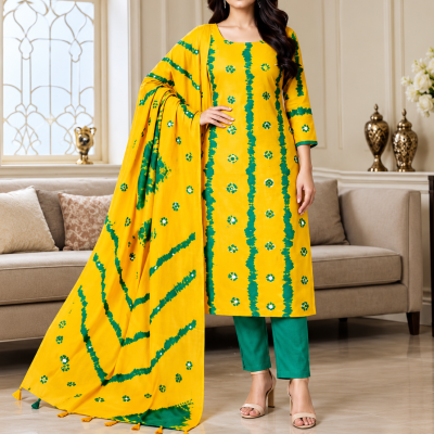 Unstitched Premium Tie-Dye & Batik Printed Cotton Three-Piece Suit - Bright Yellow & Green